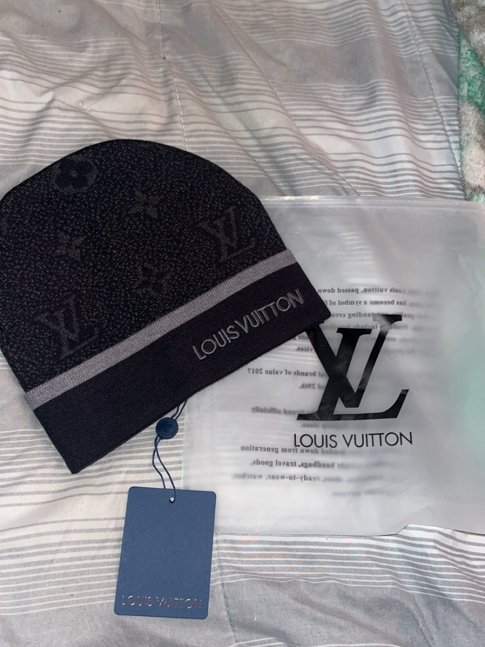 Louis Vuitton Men’s Black and Gray Monogram Knit Beanie